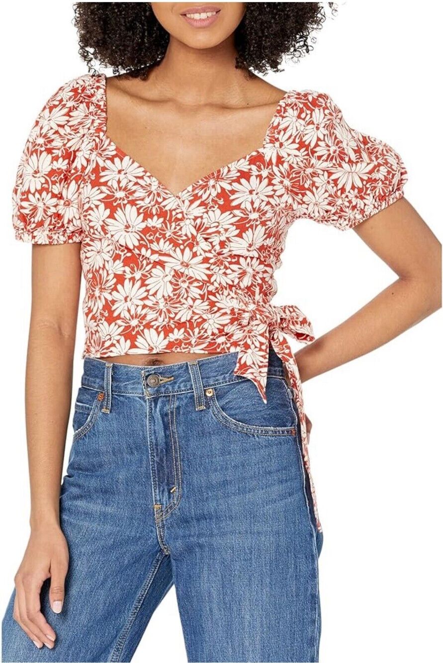 Madewell Anita Abstract Floral Linen Wrap Puff Sleeve Top XS Roasted Squash Red